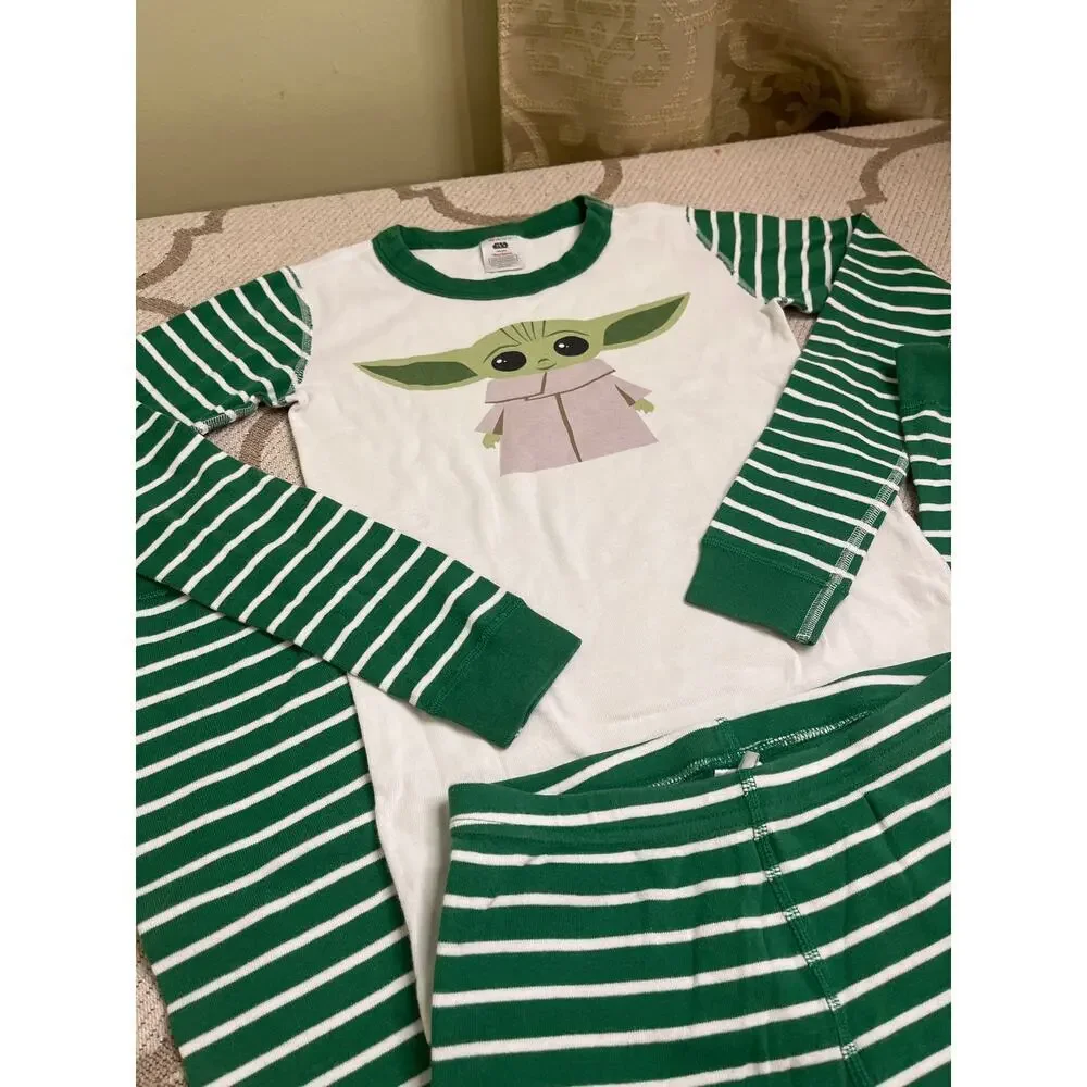 Hanna Andersson Star Wars Baby Yoda Grogu striped pajama set white/green,size 12